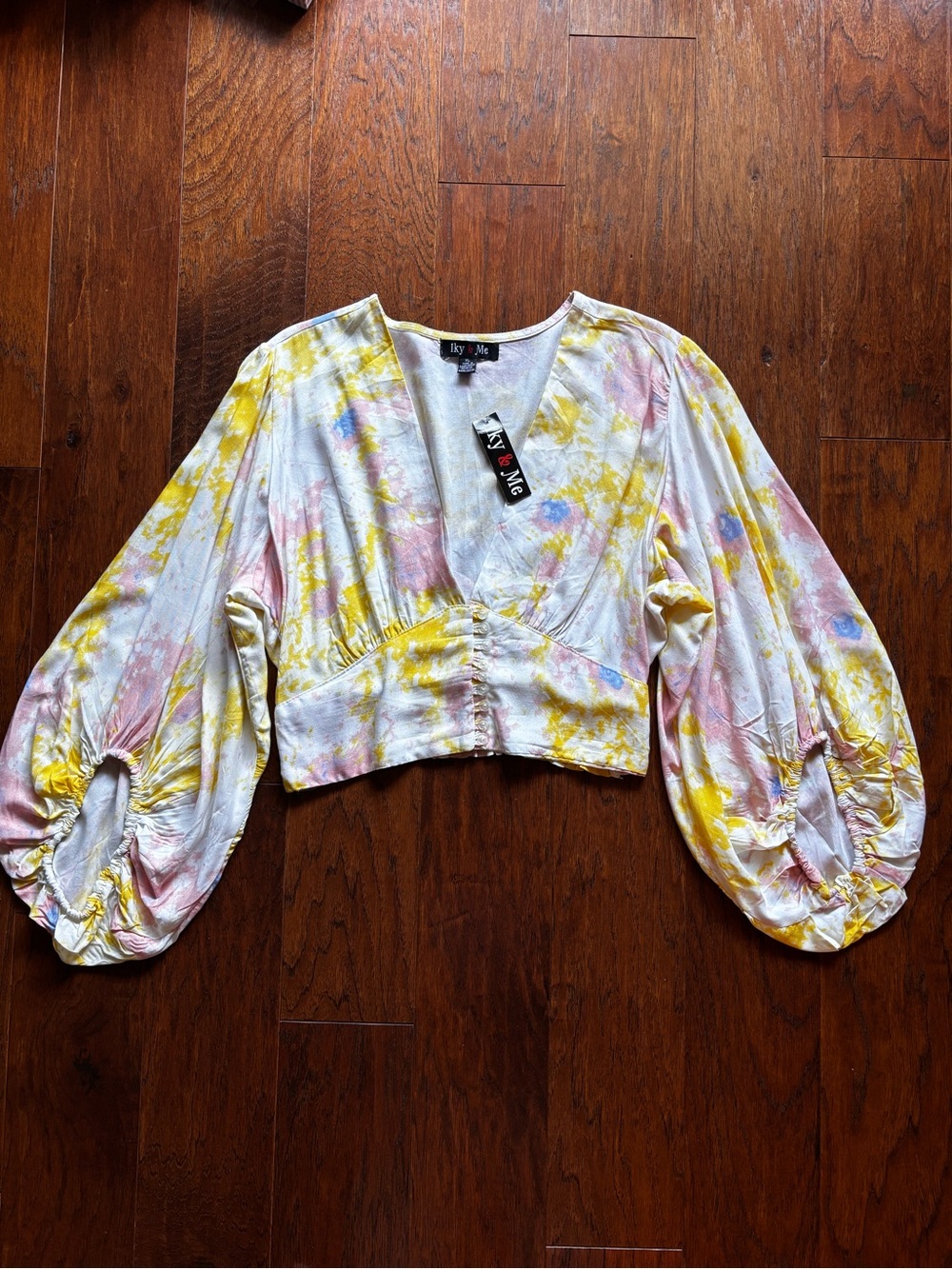 Iky & Me Tie Dye Balloon Sleeve Crop Top Pink Yellow | Size XL | NWT - Picture 3 of 10